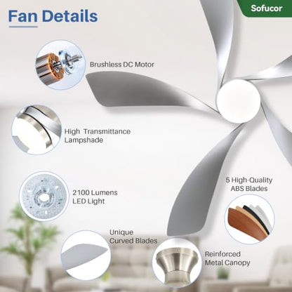 52 Inch Smart Ceiling Fans with Lights and Remote (Silver+Nickel / 52inch Max)