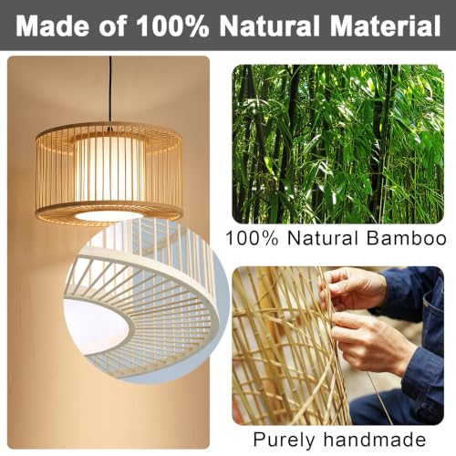 Bamboo Pendant Light fixture Adjustable Height Rustic Farmhouse Chandelier for Dining Living Room Included Bulb