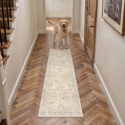 2x6 Taupe Washable Runner Rug Non Slip Vintage Carpet (Vintage | Taupe Brown / 2' x 6' (Runner))