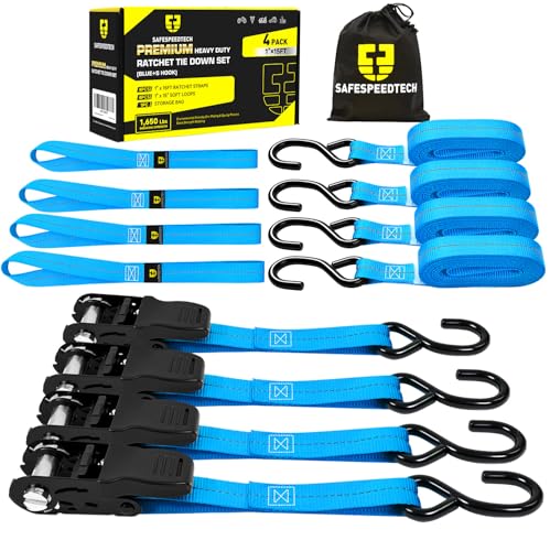 Ratchet Tie Down Straps 4pk 1" x15ft 1650lbs Motorcycle Tie Down Straps (Blue / 1650LB - 15Ft)