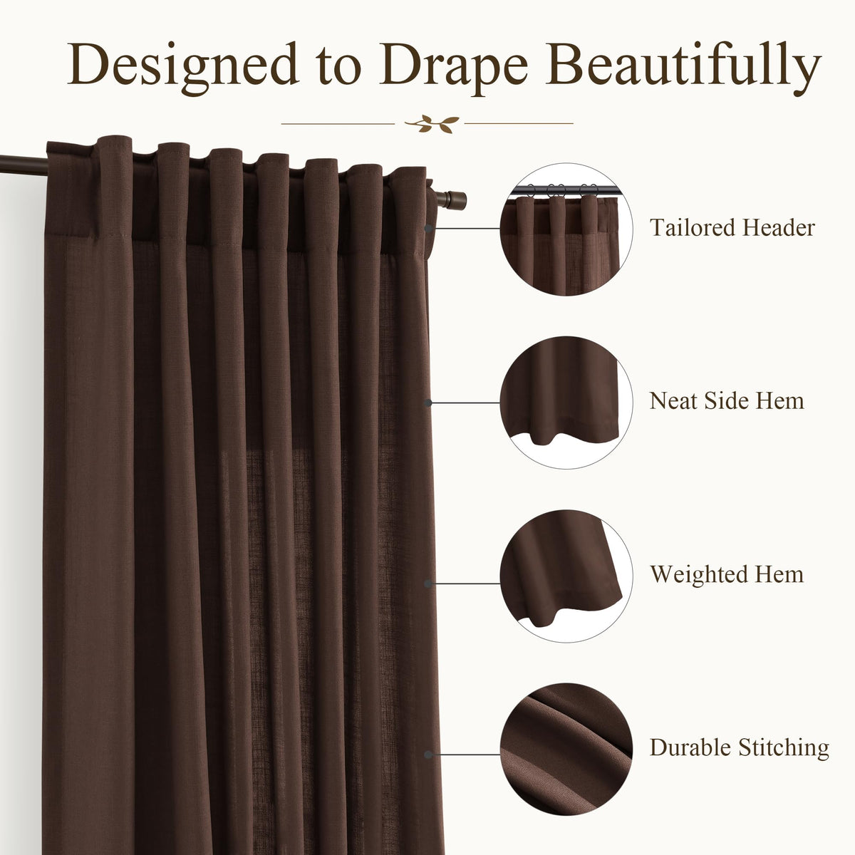 Coffee Linen Curtains 90 Inches Long 2 Panels for Living Room (Coffee / 50"W x 90"L (Pack of 2))