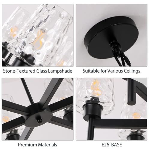 Chandelier Industrial Hanging Light Fixture with Stone Texture Glass Shades