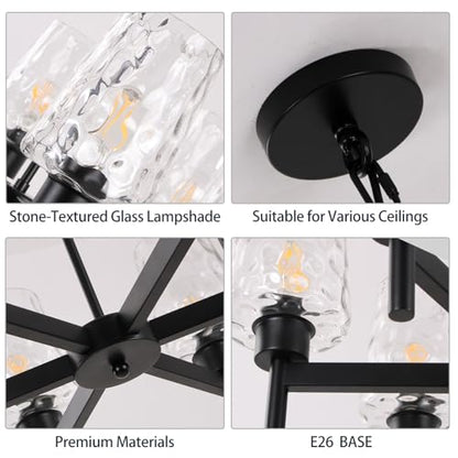Chandelier Industrial Hanging Light Fixture with Stone Texture Glass Shades