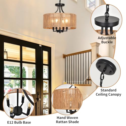 2-in-1 Convertible Rattan Boho Chandelier Pendant Light Fixture for Dining Room Bedroom Living Room
