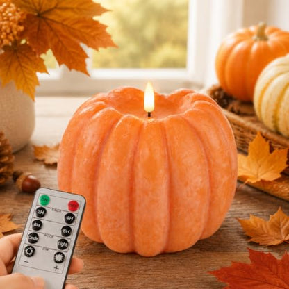 Pumpkin Flameless Candle Remote Control Battery Operated Orange 6x6.5 Inch for Home Autumn Halloween Decoration