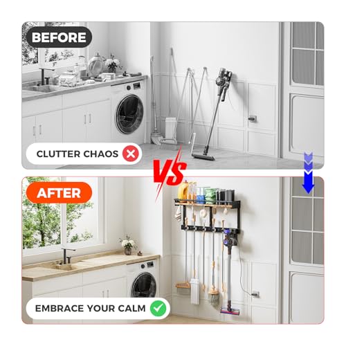 Heavy Duty Wall Mount Mop and Broom Organizer with Hooks