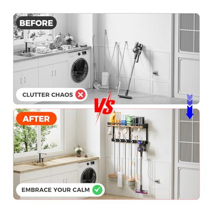 Heavy Duty Wall Mount Mop and Broom Organizer with Hooks