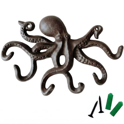 Cast Iron Coat Hooks Rustic Octopus Key Holder Heavy Duty Hooks Wall Mounted with 6 Tentacles for Keys