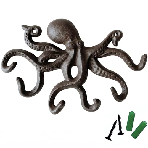 Cast Iron Coat Hooks Rustic Octopus Key Holder Heavy Duty Hooks Wall Mounted with 6 Tentacles for Keys