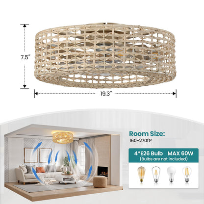 Boho Caged Low Profile Ceiling Fan with Light 19" Fandelier Flush Mount (19.3in-C)