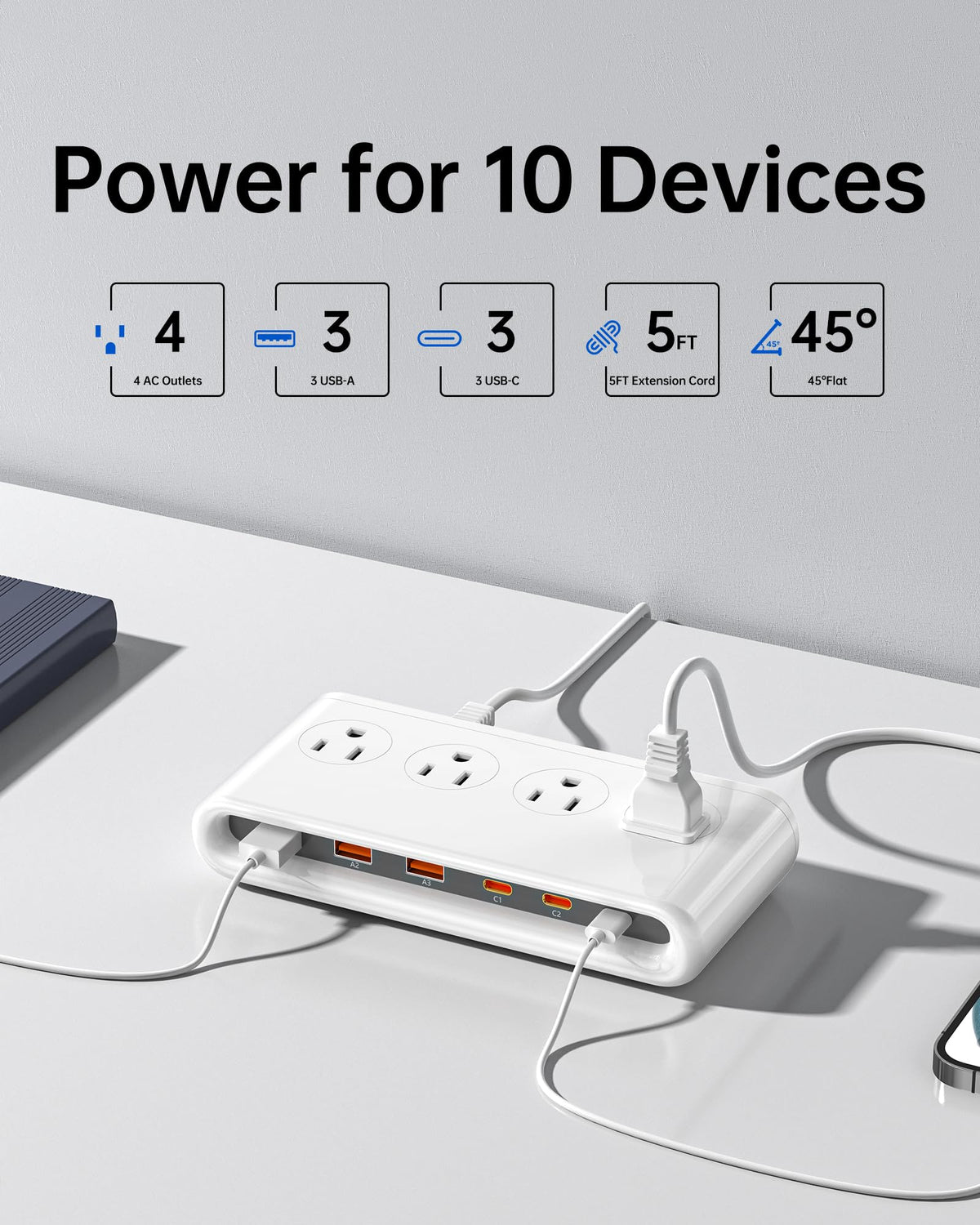 10-in-1 Power Strip with USB C Ports, 35W USB, 4 AC & 6 USB Ports (White)