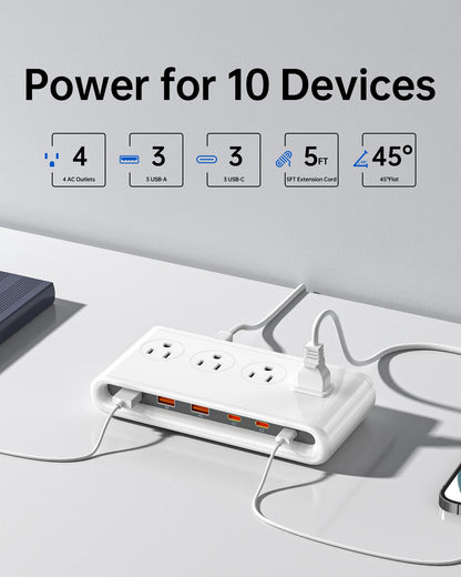 10-in-1 Power Strip with USB C Ports, 35W USB, 4 AC & 6 USB Ports (White)