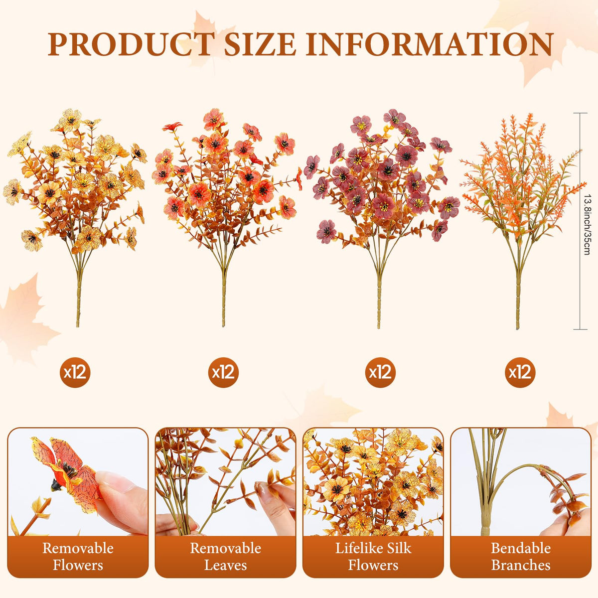 48Pcs Artificial Fall Flowers UV Resistant Fake Mums for Outdoors (Orange Yellow Brown)