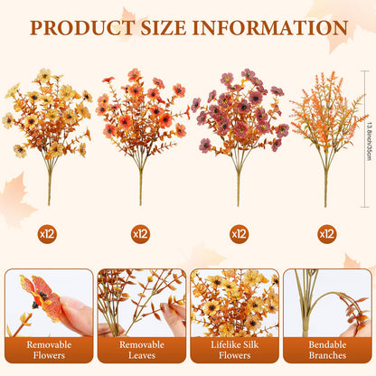 48Pcs Artificial Fall Flowers UV Resistant Fake Mums for Outdoors (Orange Yellow Brown)