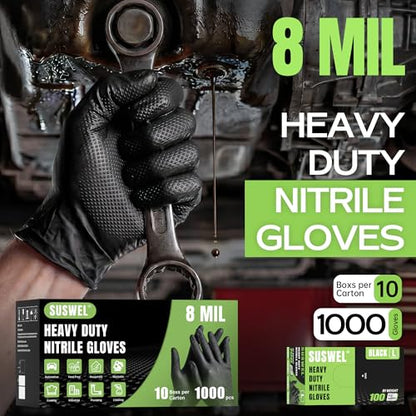 HEAVY DUTY 8 Mil Black Nitrile Gloves Disposable Latex Free Raised Diamond Textured Industrial Mechanic Gloves 1000PCs