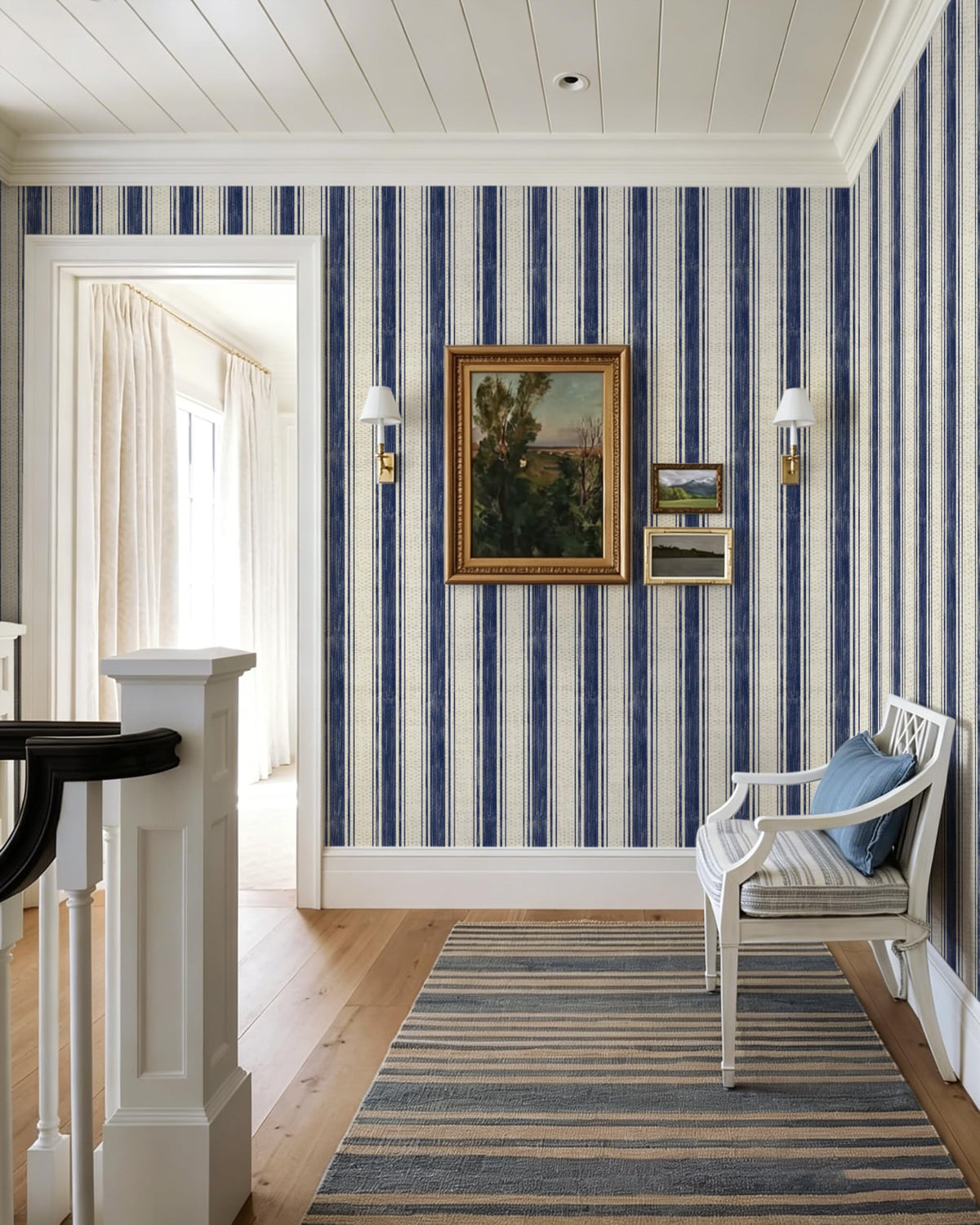 Wallpaper Peel and Stick Blue and Cream White Striped 17.3"x393" Vintage Hand (Blue and Cream White / 17.3" x 393")