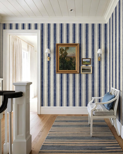Wallpaper Peel and Stick Blue and Cream White Striped 17.3"x393" Vintage Hand (Blue and Cream White / 17.3" x 393")