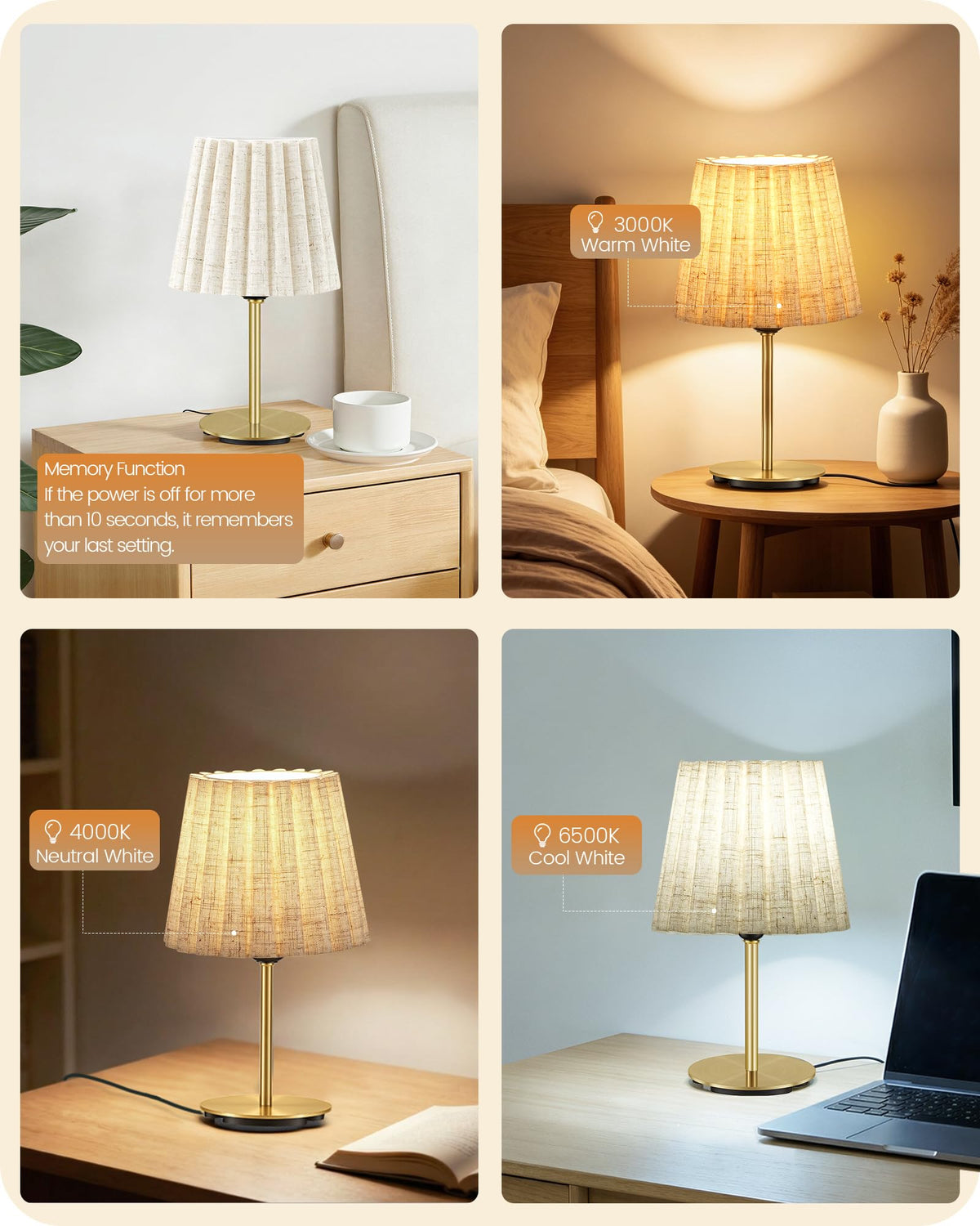 Small Bedside Table Lamp (Gold & Beige - Push Button)