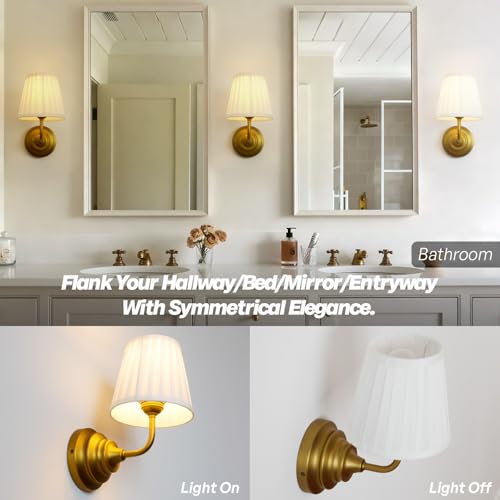 Vintage Wall Sconce Light Brass Gold Bathroom Vanity Light with Cotton Fabric Shade Hardwire Wall Sconce Lamp for Bedroom Living Room Bathroom Hallway Indoor