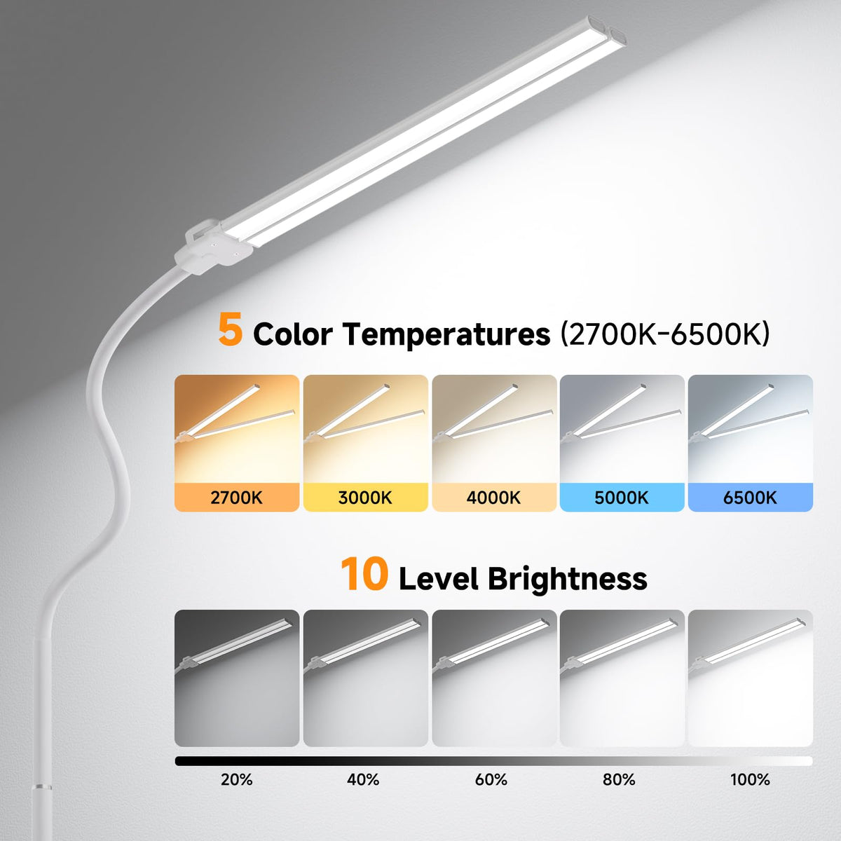 Dual head LED Floor Lamp 20W 1400LM Adjustable Neck Bright Light White (White)