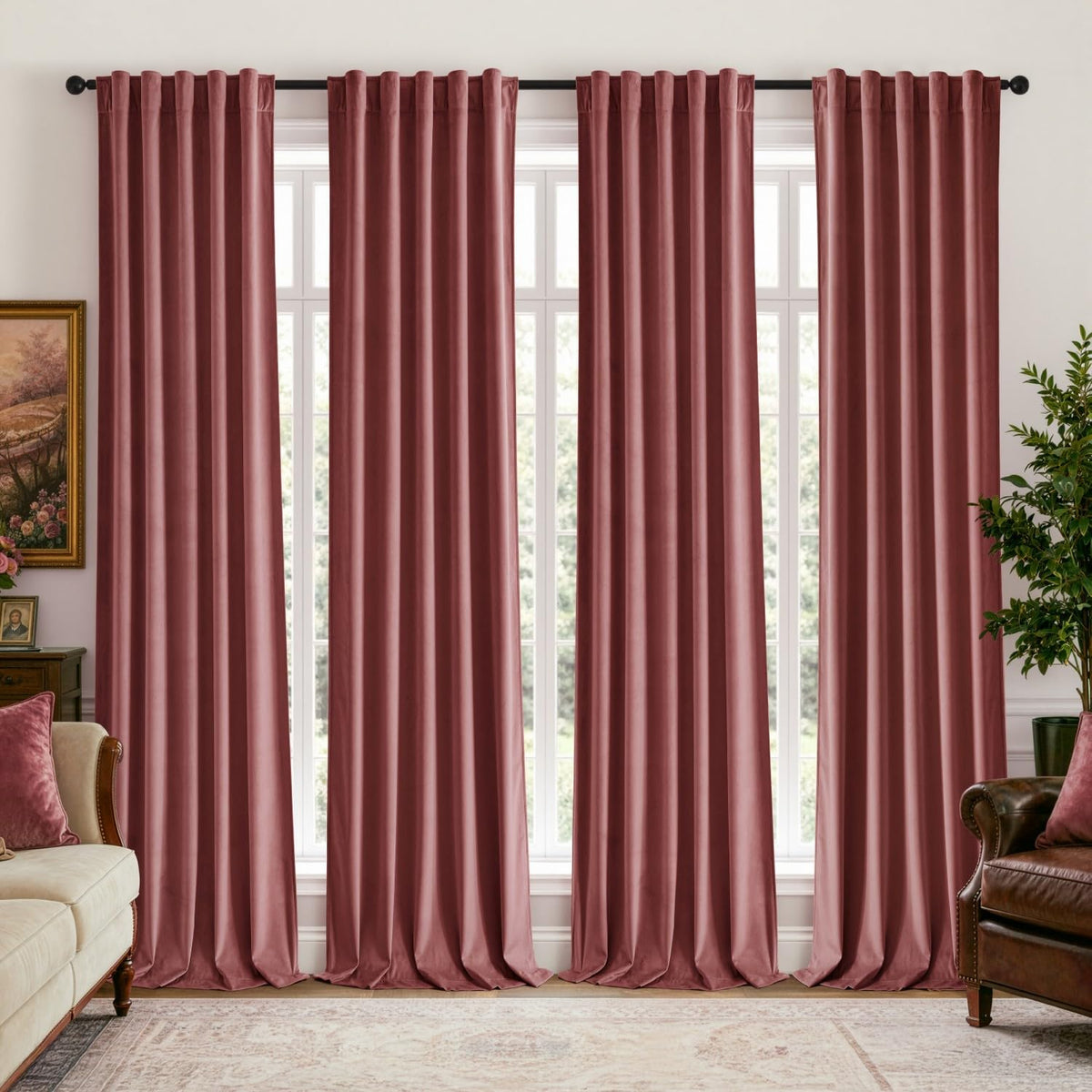 Dusty Rose Velvet Curtains 4 Panels Set Back Tab 40x108 Inch Long (Dusty Rose / 40"W x 108"L (Pack of 4))
