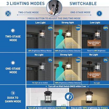 Outdoor Pendant Light Black Mission Style Hanging Lantern with Seeded Glass Waterproof Outdoor Ceiling Mount Light