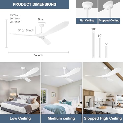 Solid Wood Ceiling Fans no Light (52 inch / White)