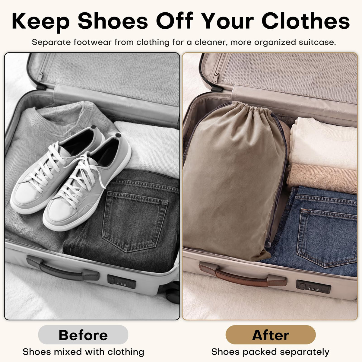 4 Pack Velvet Cloth Shoe Bags for Travel & Packing for Women & Men (Taupe)