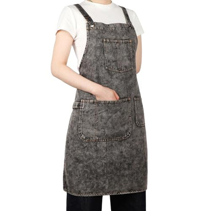 Denim Apron with Pockets and Adjustable Cross Straps for Hair Stylist Salon Nail Tech Barber Women Jean Aprons