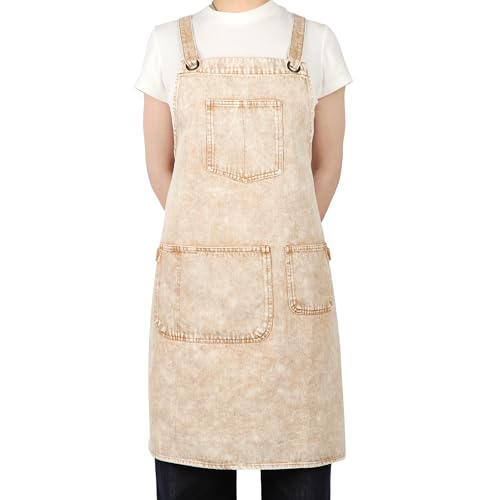 Denim Apron with Pockets and Adjustable Cross Straps for Hair Stylist Salon Nail Tech Barber Women Jean Aprons (Khaki)