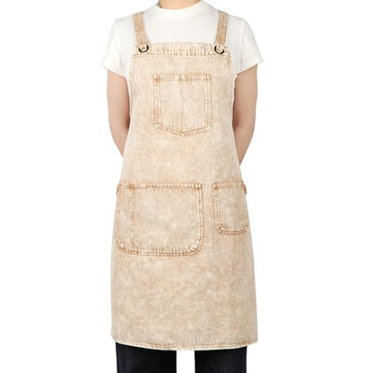 Denim Apron with Pockets and Adjustable Cross Straps for Hair Stylist Salon Nail Tech Barber Women Jean Aprons (Khaki)