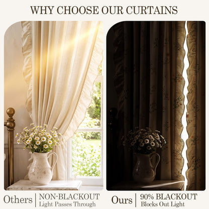 Floral Ruffle 90% Blackout Curtains 84 Inch 2 Panels Linen Texture (Ruffles / 52"W x 84"L (Pack of 2))