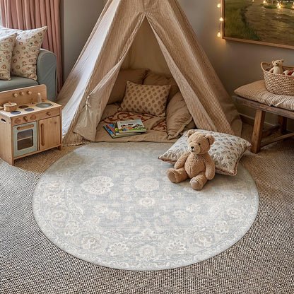 3x3 Blue Cream Neutral Round Rug (Blue / 3' (Round))