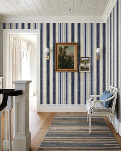 Wallpaper Peel and Stick Blue and Cream White Striped 17.3"x197" Vintage Hand (Blue and Cream White / 17.3" x 197")