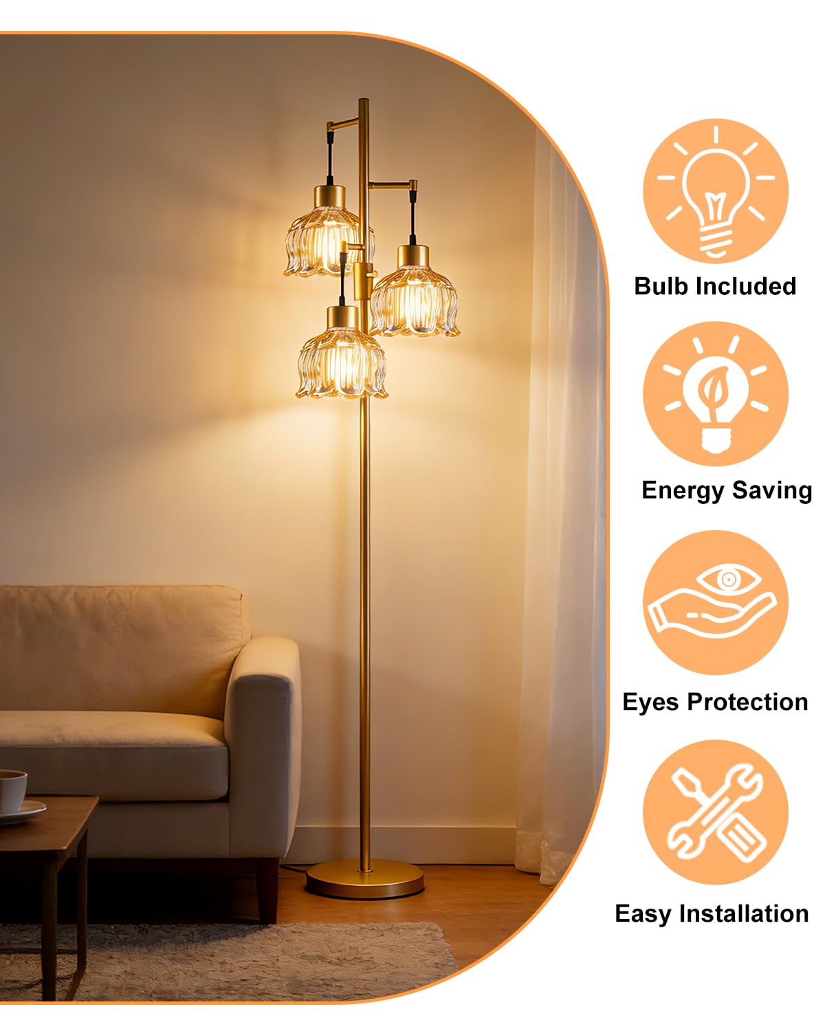 Amber Glass Floor Lamp Dimmable with LED Bulbs & Flower Shade (Amber-86I)