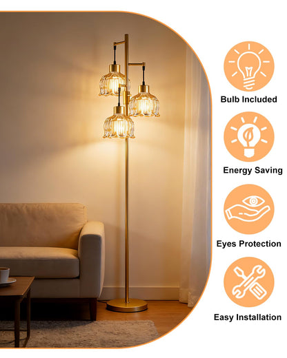 Amber Glass Floor Lamp Dimmable with LED Bulbs & Flower Shade (Amber-86I)