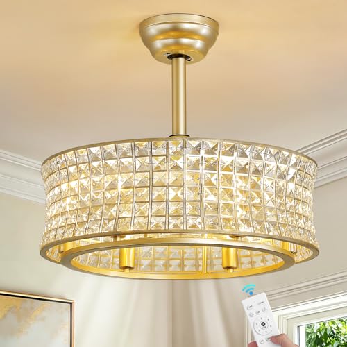 Caged Ceiling Fan with Lights and Remote 20 Inch Gold Crystal Fandelier Ceiling Fan Modern Farmhouse Chandelier Fan Light