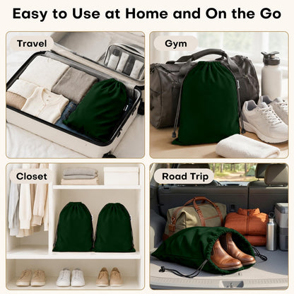 4 Pack Velvet Cloth Shoe Bags for Travel & Packing for Women & Men (Forest Green)