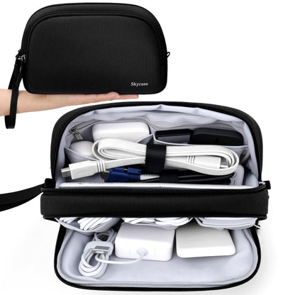 Electronics Travel Organizer 9 Compartment Dual Layer Tech Pouch Lightweight Water Resistant Travel Cable Organizer Bag for Chargers Cords Phone Power Bank Tech Essentials and Daily Items (Black / L)