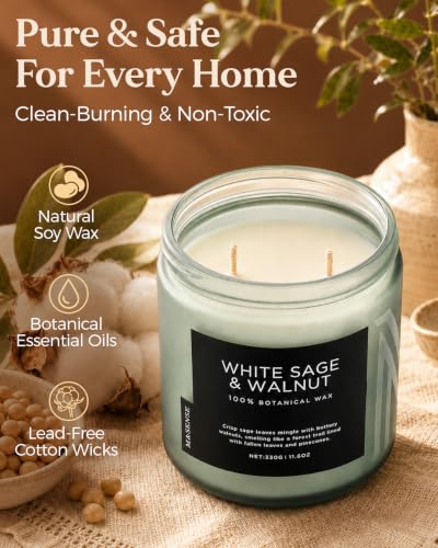 White Sage Walnut Soy Wax Candle Fall Home Scented Decor 70H 11.6Oz (Medium Jar / WhiteSageWalnut)