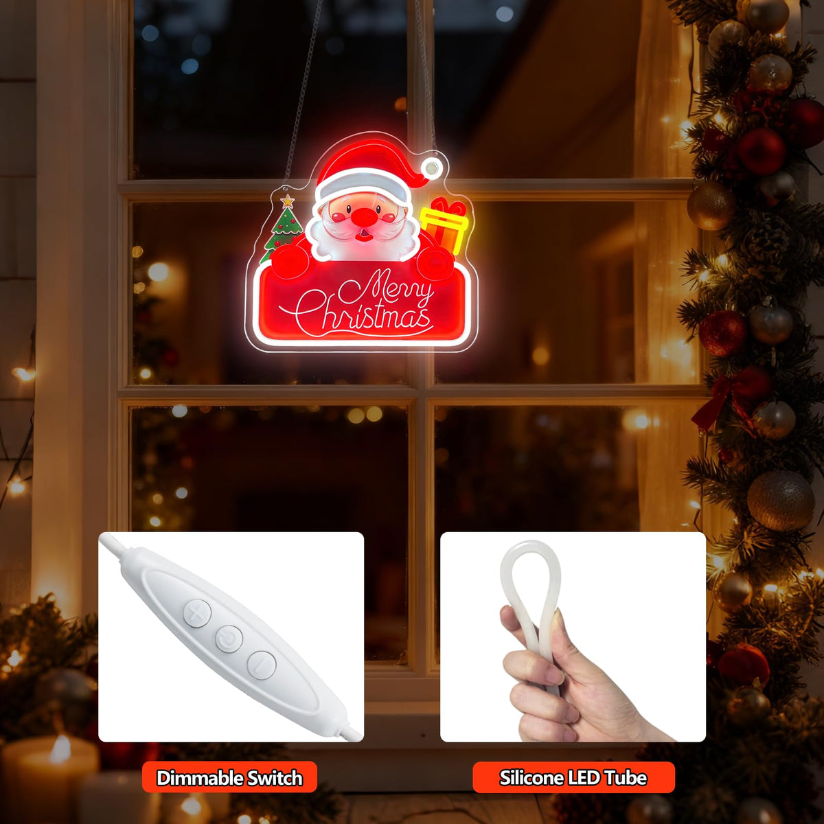 Santa Claus Neon Sign Dimmable Merry Christmas Neon Lights with Battery Box (Multicolor-Santa Claus)