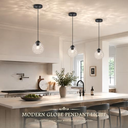 6" Modern Pendant Lights Kitchen Island Black Mid Century Modern Pendant Light Fixtures with Clear Glass Globe Modern Hanging Pendant Light for Bathroom Dining Room （Bulb Incl.） (Black & Hammered Glass / 6 Inch)