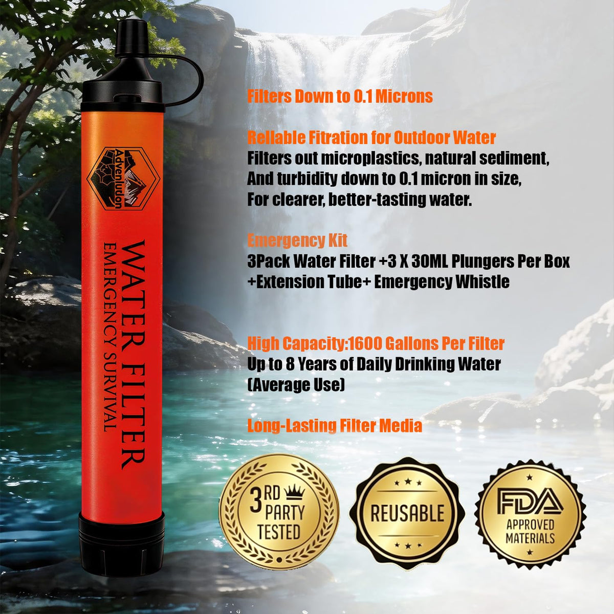 3 Pack Water Filter Straw with Emergency Whistle (3-Pack(Orange) / 3-Pack)