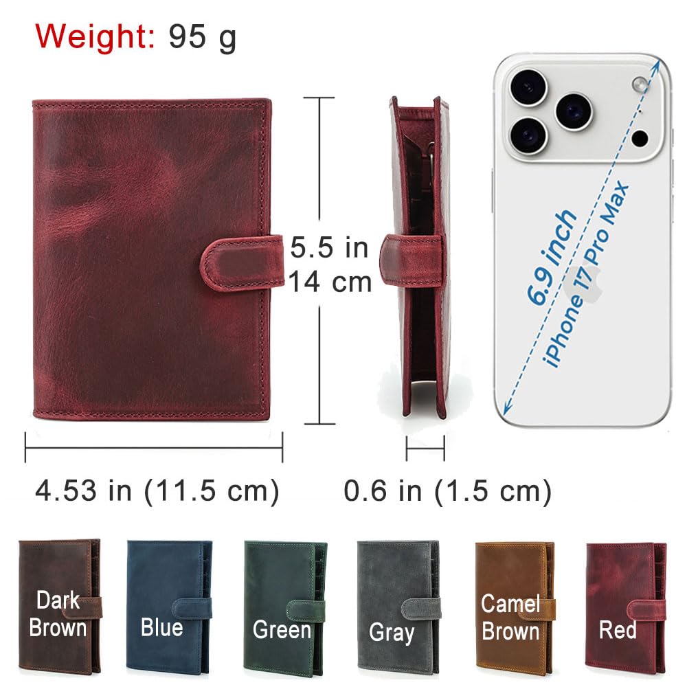 Full Grain Leather Passport Holder Compatible with Airtag Passport Wallet RFID Blocking Travel Passport Cover with SIM Card Removal Tool (Wine Red / Plain- Snap)