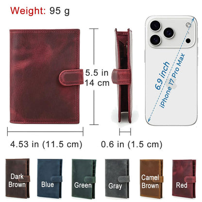 Full Grain Leather Passport Holder Compatible with Airtag Passport Wallet RFID Blocking Travel Passport Cover with SIM Card Removal Tool (Wine Red / Plain- Snap)