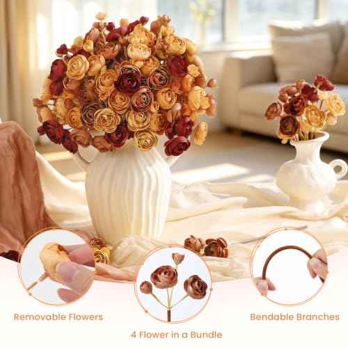 30Pcs Ranunculus Artificial Flowers Fall Faux Silk Mini Ranunculus (Maple Orange&burgundy&mocha Brown&fall Yellow)