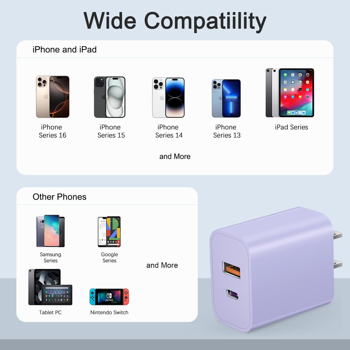 USB C Charger Block Fast Charging Block Type C Charger Multiport Adapter (Purple / 20W3Pack)