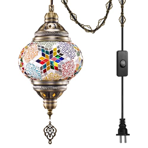 7.2" D Turkish Moroccan Mosaic Hanging Pendant Lamp Plug