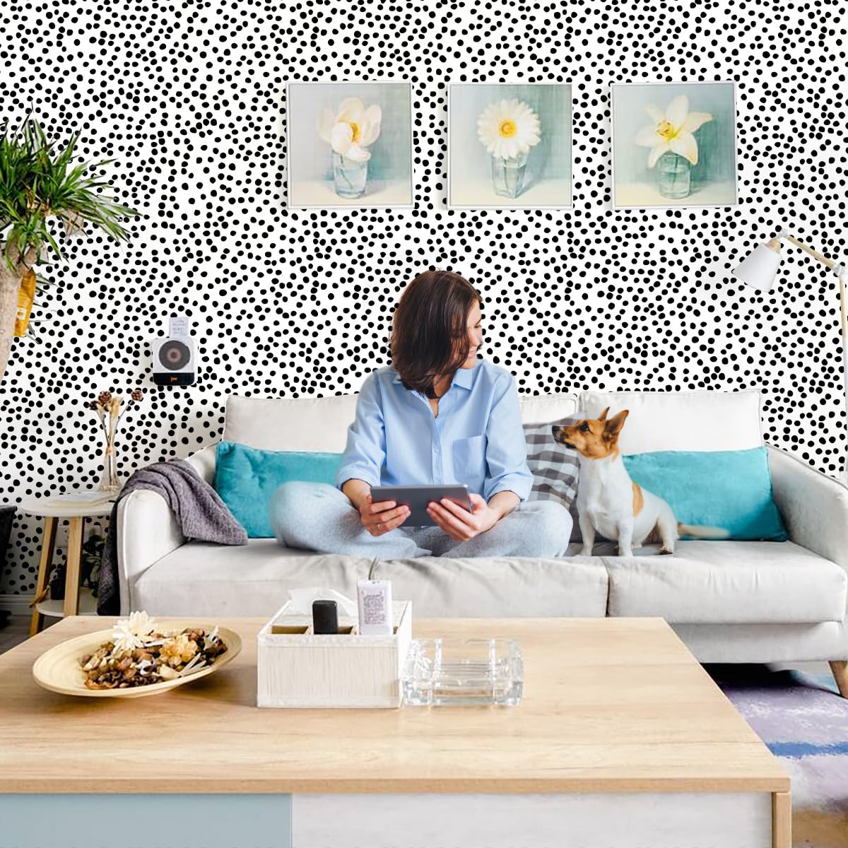 Peel and Stick Wallpaper Polka Dot Wallpaper 17.7” x 393.7” (A Black Dot / 17.7" x 393.7")