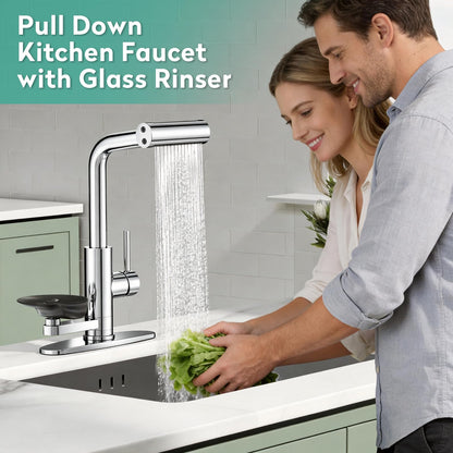 Waterfall Kitchen Faucet with Pull Down Sprayer & Cup Washer Chrome (Chrome)